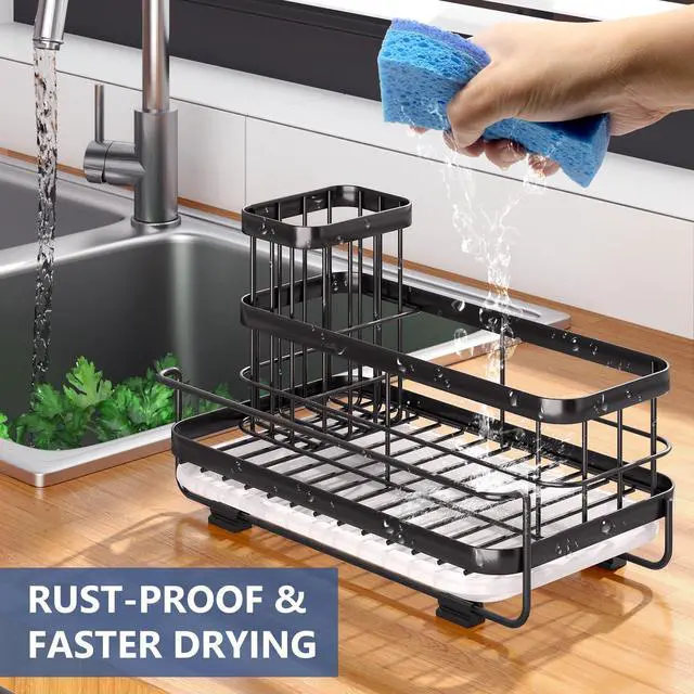 Alt view image 6 of 7 - Sink Caddy Kitchen Organizer, Non-Slip Dish Soap Dispenser Rack with Drain Tray, Rustproof Brush Holder for Countertop Storage (Matte Black)