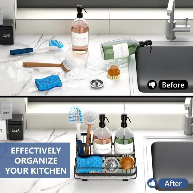 Alt view image 7 of 7 - Sink Caddy Kitchen Organizer, Non-Slip Dish Soap Dispenser Rack with Drain Tray, Rustproof Brush Holder for Countertop Storage (Matte Black)