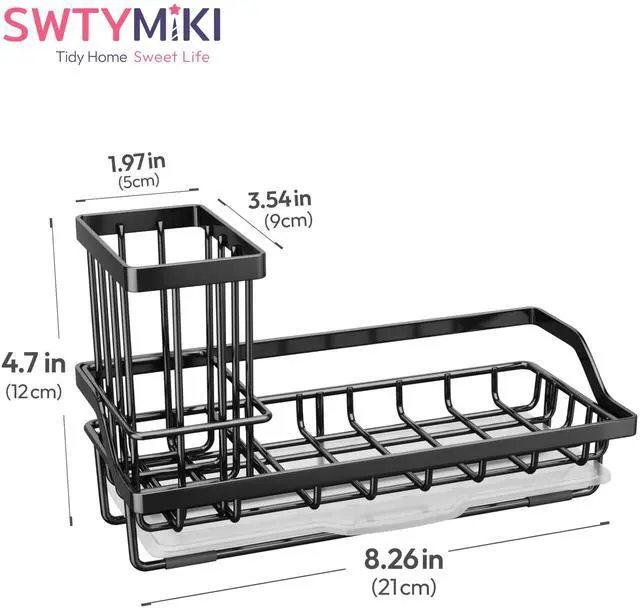 Alt view image 7 of 7 - Sink Caddy Sponge Holder - Kitchen Sink Organizer with High Brush Holder for Countertop to Hold Dish Soaps and Sponges, Stainless Steel, Black