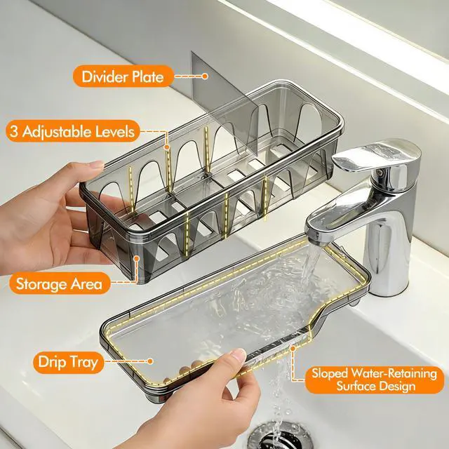 Alt view image 3 of 7 - Kitchen Sink Sponge Holder, Sink Caddy Organizer with Compartments, Self-Draining and Easy-Clean Design, Sink Caddy for Kitchen Sink, Bathroom, Vanity, Countertop Storage, Kitchen Sink Caddy Organizer