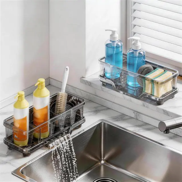 Alt view image 6 of 7 - Kitchen Sink Sponge Holder, Sink Caddy Organizer with Compartments, Self-Draining and Easy-Clean Design, Sink Caddy for Kitchen Sink, Bathroom, Vanity, Countertop Storage, Kitchen Sink Caddy Organizer