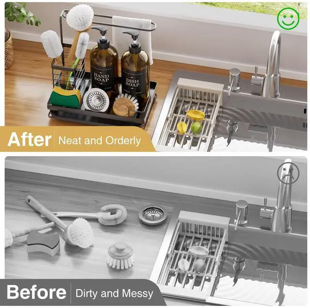 Alt view image 2 of 7 - Kitchen Dish Soap Dispenser Set with 2 Pack 17oz Amber Glass Bottles - Rustproof Stainless Steel Organizer & Removable Tray - Farmhouse Soap and Sponge Caddy for Kitchen Sink Countertop Decor