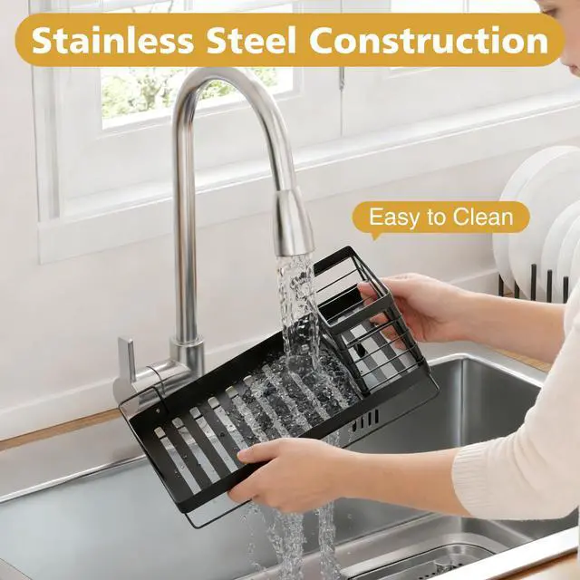 Alt view image 3 of 7 - Kitchen Dish Soap Dispenser Set with 2 Pack 17oz Amber Glass Bottles - Rustproof Stainless Steel Organizer & Removable Tray - Farmhouse Soap and Sponge Caddy for Kitchen Sink Countertop Decor