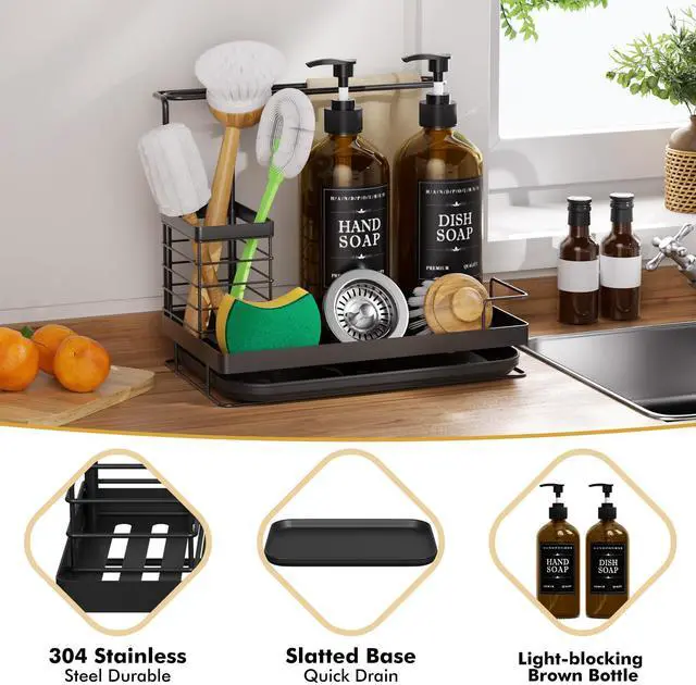 Alt view image 5 of 7 - Kitchen Dish Soap Dispenser Set with 2 Pack 17oz Amber Glass Bottles - Rustproof Stainless Steel Organizer & Removable Tray - Farmhouse Soap and Sponge Caddy for Kitchen Sink Countertop Decor
