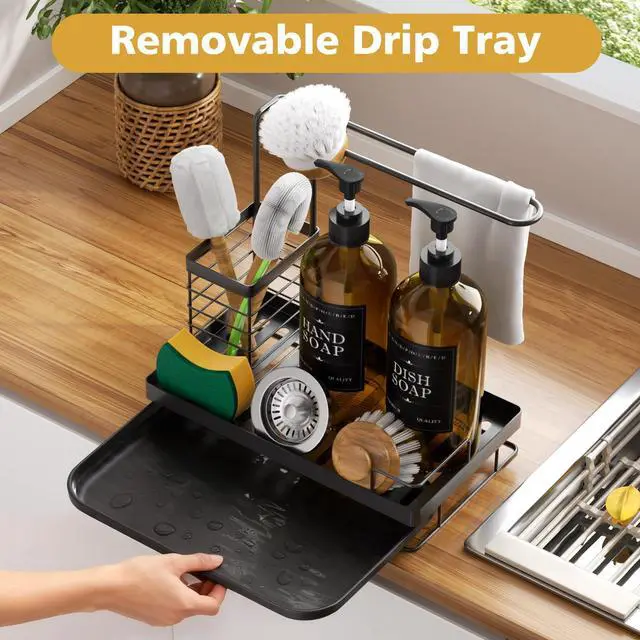 Alt view image 7 of 7 - Kitchen Dish Soap Dispenser Set with 2 Pack 17oz Amber Glass Bottles - Rustproof Stainless Steel Organizer & Removable Tray - Farmhouse Soap and Sponge Caddy for Kitchen Sink Countertop Decor
