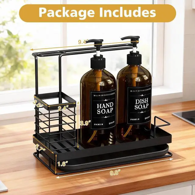 Alt view image 4 of 7 - Kitchen Dish Soap Dispenser Set with 2 Pack 17oz Amber Glass Bottles - Rustproof Stainless Steel Organizer & Removable Tray - Farmhouse Soap and Sponge Caddy for Kitchen Sink Countertop Decor