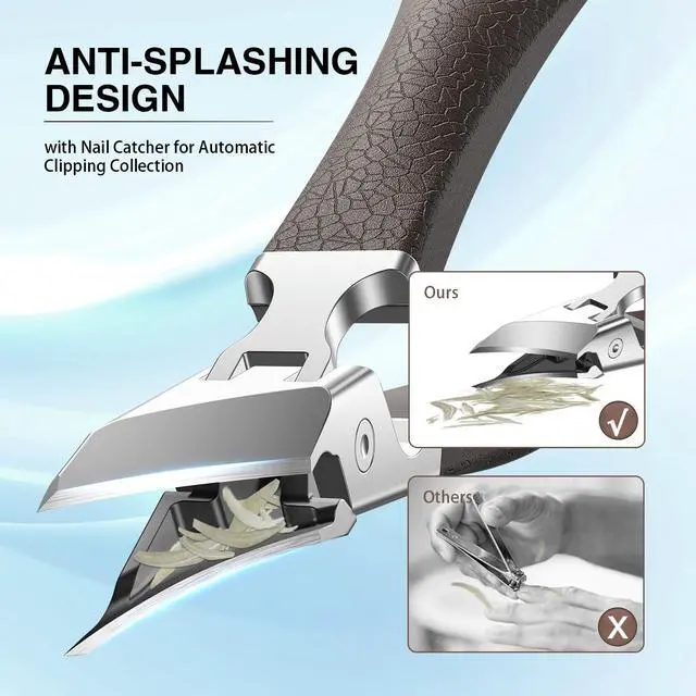 Alt view image 4 of 7 - Eagle Beak Slanted Nail Clippers for Thick & Ingrown Toenails, Wide Jaw Opening Anti-Splash Angled Toenail Cutter with Curved Blade, Cuticle Clippers for Seniors, 3-Piece Set with Case