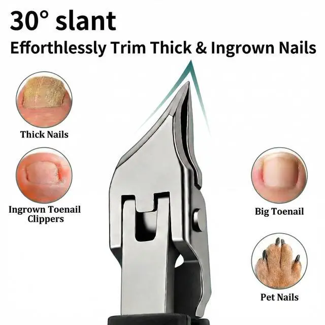 Alt view image 2 of 7 - Nail Clippers Set for Seniors Thick Toenails, Ingrown 30° Slanted Eagle-Beak Clipper with Wide Jaw Opening, Anti-Splash Catcher, Long Handle Stainless Steel Kit for Men Women Adults Black