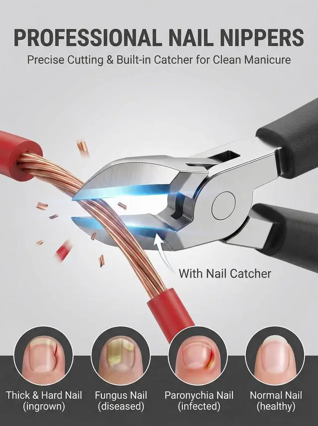 Alt view image 4 of 7 - Nail Clippers Set for Seniors Thick Toenails, Ingrown 30° Slanted Eagle-Beak Clipper with Wide Jaw Opening, Anti-Splash Catcher, Long Handle Stainless Steel Kit for Men Women Adults Black