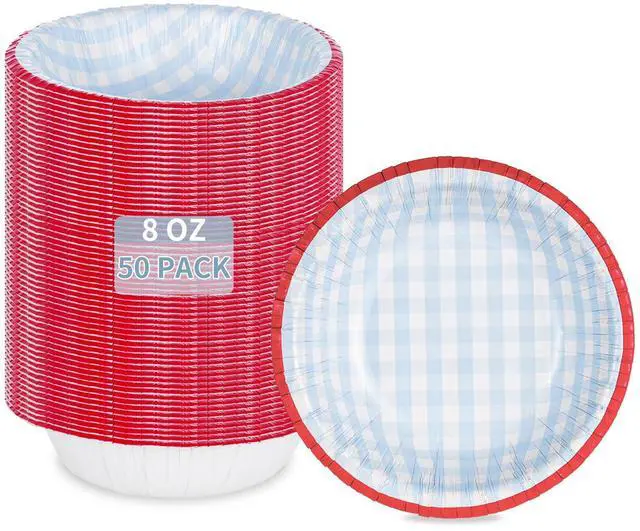 Main image of 50 Pack Small Paper Bowls, 8 Oz Disposable Soup Bowl, Blue Gingham Disposable Bowls, Soak Proof, Microwave Safe Compostable Checkered Bowl for Snacks, Dessert, Breakfast, Lunch And Dinner Meals