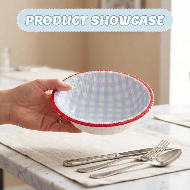 Alt view image 7 of 7 - 50 Pack Small Paper Bowls, 8 Oz Disposable Soup Bowl, Blue Gingham Disposable Bowls, Soak Proof, Microwave Safe Compostable Checkered Bowl for Snacks, Dessert, Breakfast, Lunch And Dinner Meals