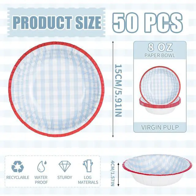 Alt view image 2 of 7 - 50 Pack Small Paper Bowls, 8 Oz Disposable Soup Bowl, Blue Gingham Disposable Bowls, Soak Proof, Microwave Safe Compostable Checkered Bowl for Snacks, Dessert, Breakfast, Lunch And Dinner Meals