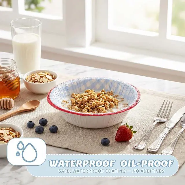 Alt view image 5 of 7 - 50 Pack Small Paper Bowls, 8 Oz Disposable Soup Bowl, Blue Gingham Disposable Bowls, Soak Proof, Microwave Safe Compostable Checkered Bowl for Snacks, Dessert, Breakfast, Lunch And Dinner Meals