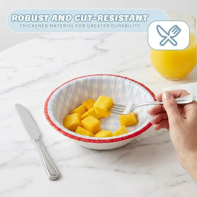 Alt view image 6 of 7 - 50 Pack Small Paper Bowls, 8 Oz Disposable Soup Bowl, Blue Gingham Disposable Bowls, Soak Proof, Microwave Safe Compostable Checkered Bowl for Snacks, Dessert, Breakfast, Lunch And Dinner Meals