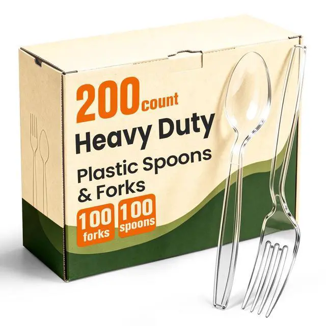 Main image of 200 Count Plastic Silverware Heavy Duty, 100 Spoons & 100 Forks, BPA-Free