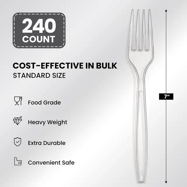 Alt view image 2 of 7 - 240 Count Extra Heavy Duty Clear Plastic Forks, Solid and Durable Premium Disposable Forks - BPA-Free & Heat Resistant Plastic Cutlery Utensils for Parties, Events and Everyday Use