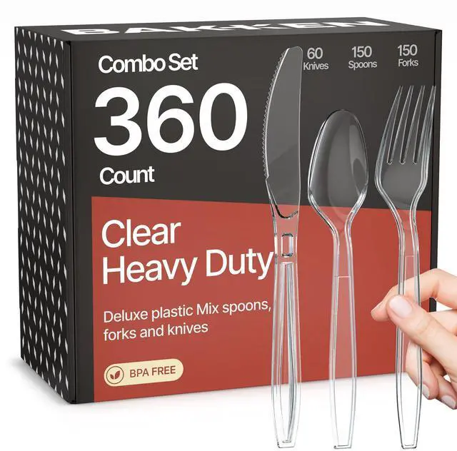 Main image of Disposable Cutlery Set 360 Pieces of Forks, Knives & Spoons, Heavy Duty Plastic Silverware, BPA-Free Food-Grade Materials, Heat-Resistant, Reusable Utensils for Parties and Everyday Use, Clear