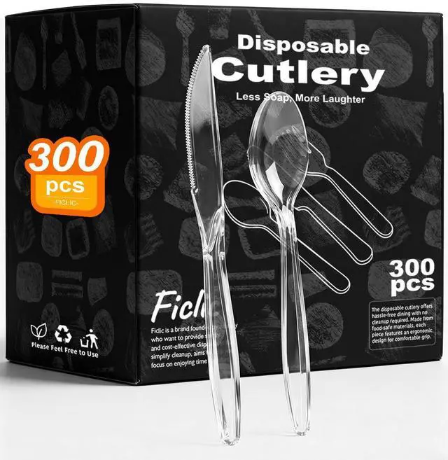 Main image of 300 Count Heavy Duty Plastic Silverware, Heat Resistant Disposable Forks and Spoons Set, Clear Plastic Cutlery, Bulk Utensils