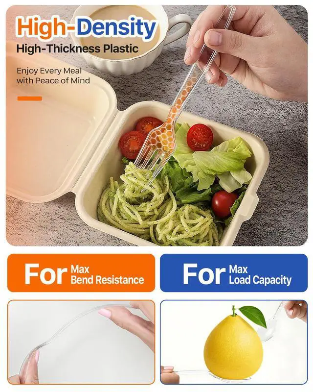 Alt view image 3 of 7 - 300 Count Heavy Duty Plastic Silverware, Heat Resistant Disposable Forks and Spoons Set, Clear Plastic Cutlery, Bulk Utensils