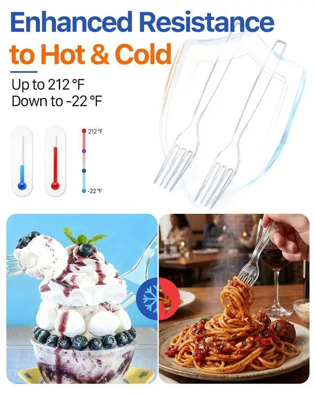 Alt view image 4 of 7 - 300 Count Heavy Duty Plastic Silverware, Heat Resistant Disposable Forks and Spoons Set, Clear Plastic Cutlery, Bulk Utensils
