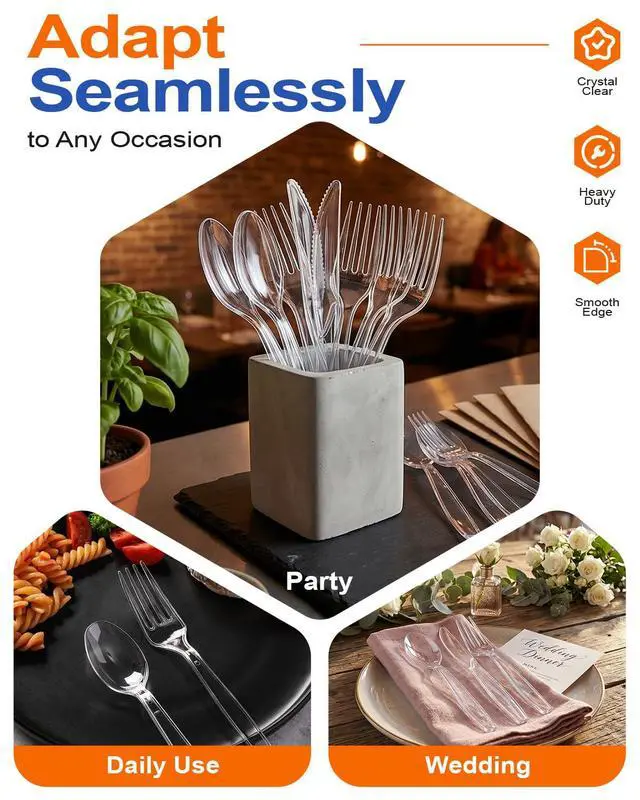 Alt view image 5 of 7 - 300 Count Heavy Duty Plastic Silverware, Heat Resistant Disposable Forks and Spoons Set, Clear Plastic Cutlery, Bulk Utensils