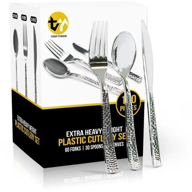 Main image of 120 Pcs Disposable Cutlery Set, Silvery Plastic Silverware,60 Forks, 30 Spoons, 30 Knives, Heavy Duty Flatware for Holidays, Parties, Dinners, Weddings, and Occasions