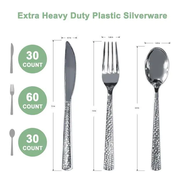 Alt view image 2 of 7 - 120 Pcs Disposable Cutlery Set, Silvery Plastic Silverware,60 Forks, 30 Spoons, 30 Knives, Heavy Duty Flatware for Holidays, Parties, Dinners, Weddings, and Occasions