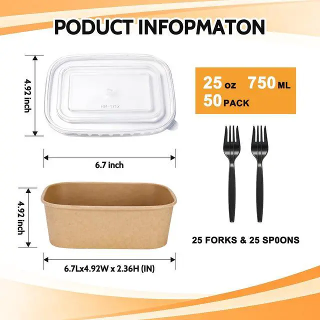 Alt view image 2 of 7 - 10 Pack 25oz Disposable Kraft Paper Bowls with Lids and Forks