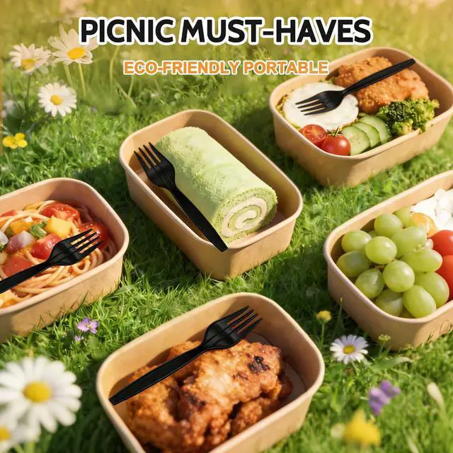 Alt view image 3 of 7 - 10 Pack 25oz Disposable Kraft Paper Bowls with Lids and Forks