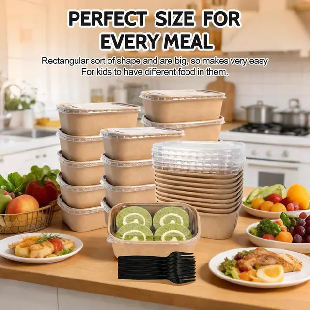 Alt view image 5 of 7 - 10 Pack 25oz Disposable Kraft Paper Bowls with Lids and Forks