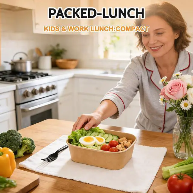 Alt view image 4 of 7 - 10 Pack 25oz Disposable Kraft Paper Bowls with Lids and Forks