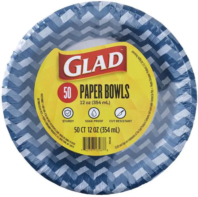 Main image of Round Disposable Paper Bowls, Blue Weave Design, 16 Oz, 50 Count