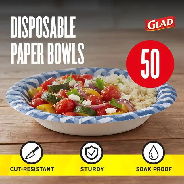 Alt view image 2 of 7 - Round Disposable Paper Bowls, Blue Weave Design, 16 Oz, 50 Count