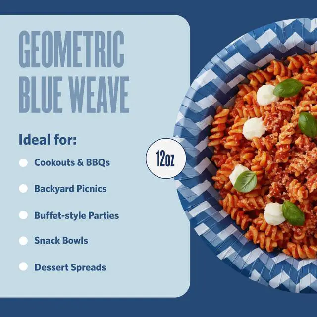 Alt view image 4 of 7 - Round Disposable Paper Bowls, Blue Weave Design, 16 Oz, 50 Count