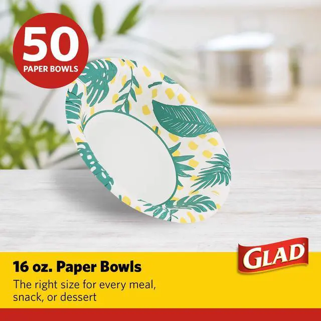 Alt view image 2 of 7 - Round Disposable Paper Bowls, Palm Leaves Pattern, 16 Oz, 50 Count