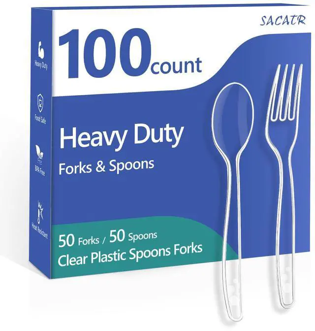 Main image of 100 Count Clear Plastic Silverware Heavy Duty -50 Forks, 50 Spoons