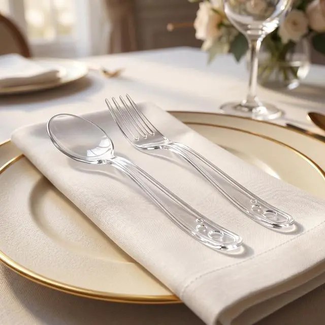 Alt view image 5 of 7 - 100 Count Clear Plastic Silverware Heavy Duty -50 Forks, 50 Spoons