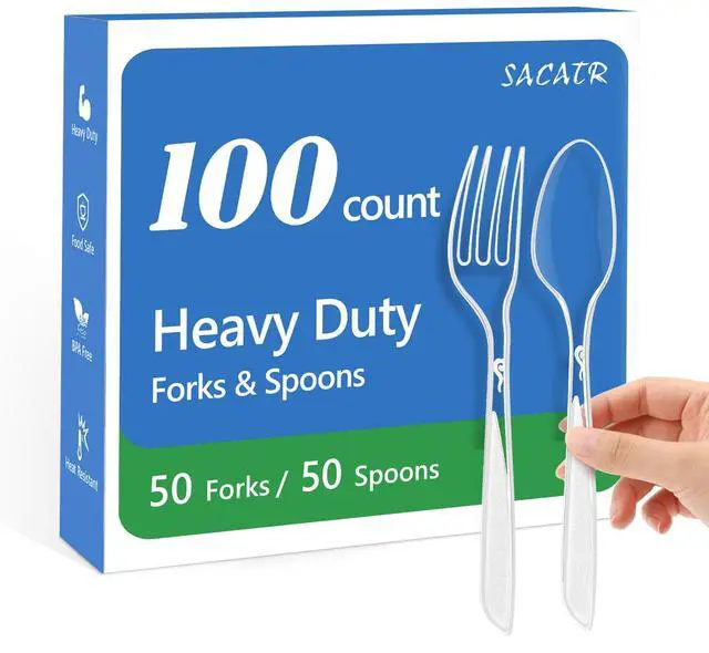 Main image of 100 Count Plastic Silverware Heavy Duty -50 Forks, 50 Spoons