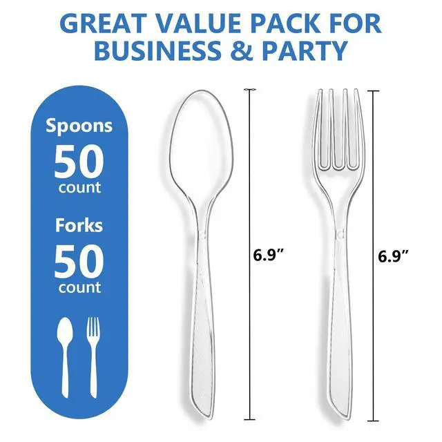 Alt view image 2 of 7 - 100 Count Plastic Silverware Heavy Duty -50 Forks, 50 Spoons