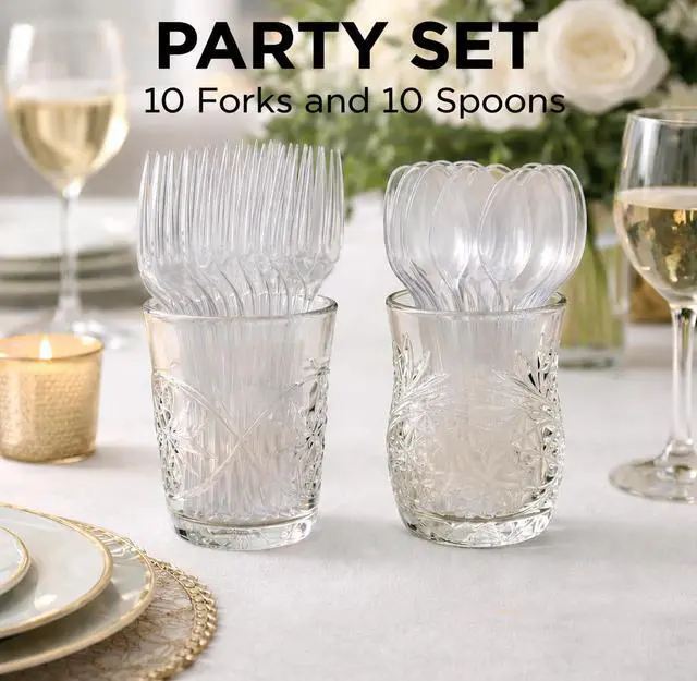 Alt view image 2 of 7 - Plastic Silverware Set Disposable Forks Spoons Heavy Duty Clear Cutlery Utensils BPA Free Food Grade Sturdy for Party Wedding Catering Picnic BBQ Takeout To Go Dinner Events Supplies Bulk x20