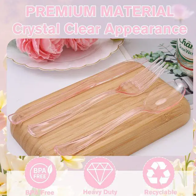 Alt view image 3 of 7 - 150 Pack Clear Pink Disposable Plastic Silverware Heavy Duty, Plastic Cutlery Set, Forks and Spoons Knives Set for Valentine's Day Birthday Party Prom Night, Weddings