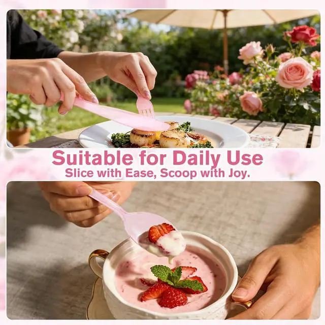 Alt view image 4 of 7 - 150 Pack Clear Pink Disposable Plastic Silverware Heavy Duty, Plastic Cutlery Set, Forks and Spoons Knives Set for Valentine's Day Birthday Party Prom Night, Weddings