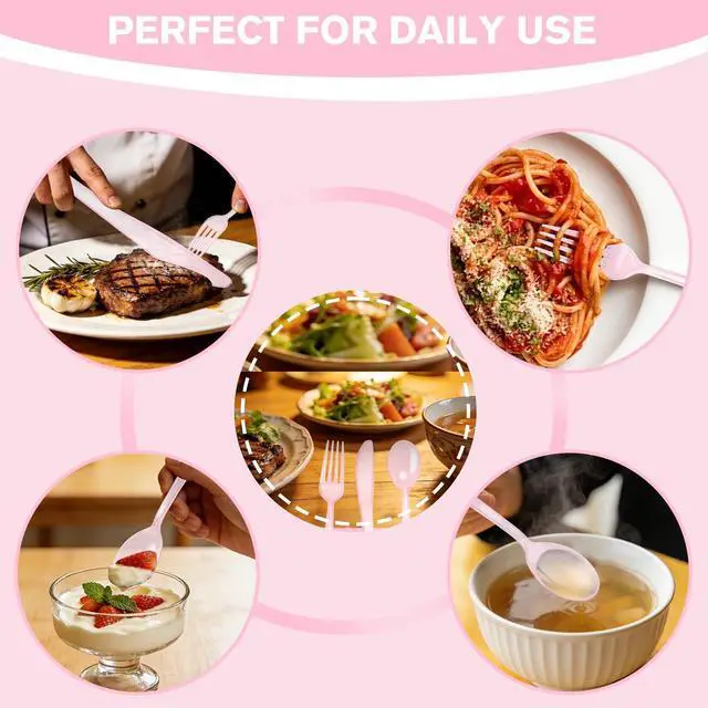 Alt view image 5 of 7 - 150 Pack Clear Pink Disposable Plastic Silverware Heavy Duty, Plastic Cutlery Set, Forks and Spoons Knives Set for Valentine's Day Birthday Party Prom Night, Weddings