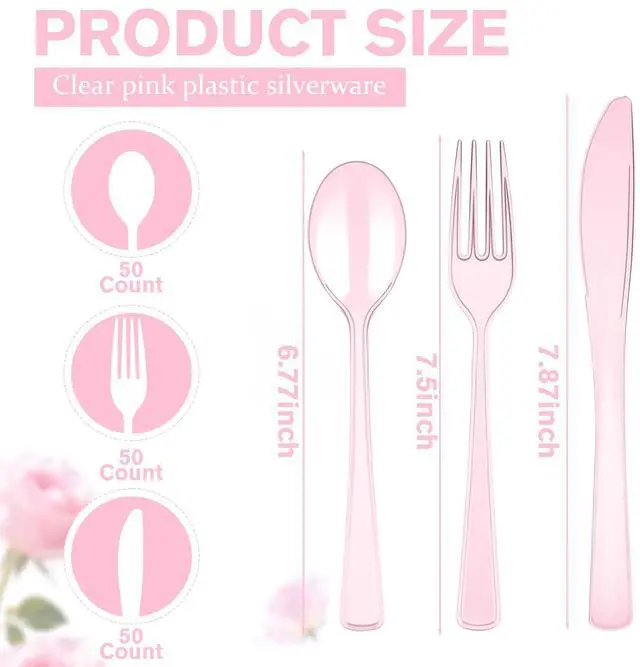 Alt view image 6 of 7 - 150 Pack Clear Pink Disposable Plastic Silverware Heavy Duty, Plastic Cutlery Set, Forks and Spoons Knives Set for Valentine's Day Birthday Party Prom Night, Weddings