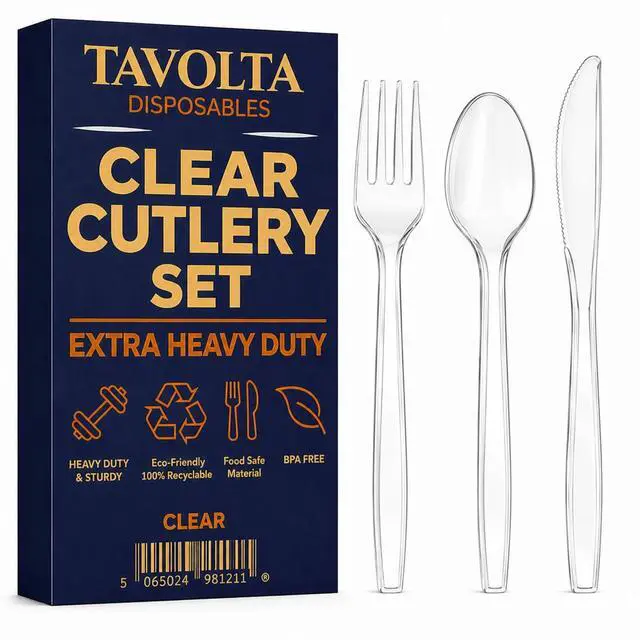 Main image of Plastic Silverware Set Disposable Forks Spoons Knives Heavy Duty Clear Cutlery Bulk BPA Free Food Grade Sturdy Utensils for Party Wedding Catering Picnic BBQ Takeout To Go Dinner Events Supplies x24