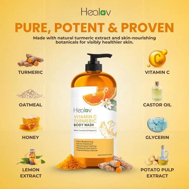 Alt view image 6 of 7 - Turmeric Body Wash Natural Skin Brightening Soap for Dark Spots & Hyperpigmentation Exfoliating Turmeric Face & Body Wash for Scars, Glow & Gentle Daily Cleansing Plant-Based Liquid Bath Soap