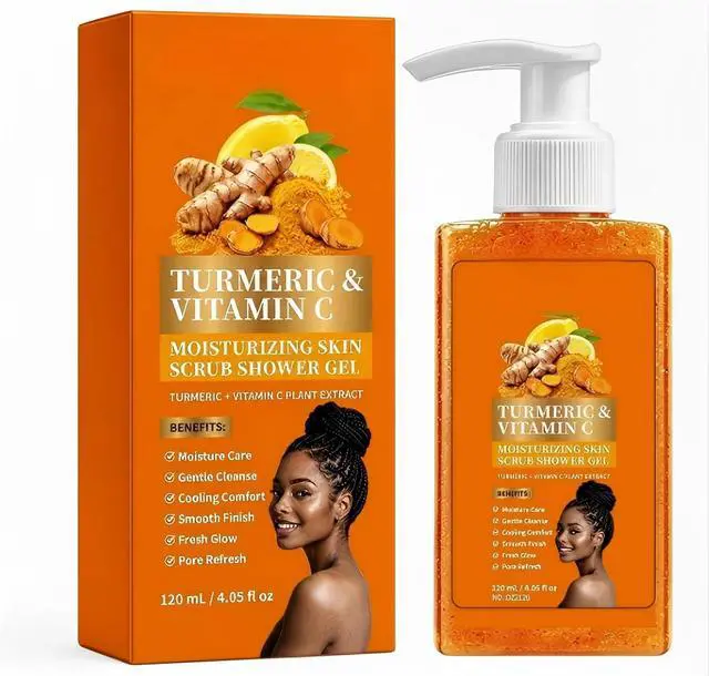 Main image of Turmeric Vitamin C Orange Exfoliating Shower Gel with Cocoa Seed Scrub Particles, Mattifying Skin Brightening Body Wash to Fix Uneven Skin Texture, Gentle Daily Body Only Cleanser (1PC)