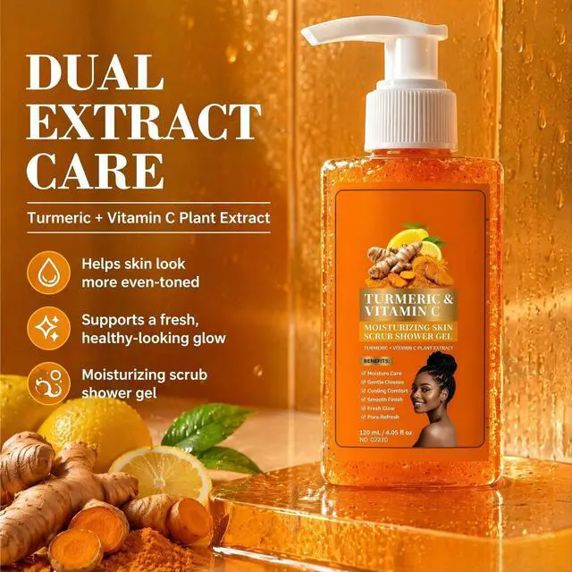 Alt view image 2 of 7 - Turmeric Vitamin C Orange Exfoliating Shower Gel with Cocoa Seed Scrub Particles, Mattifying Skin Brightening Body Wash to Fix Uneven Skin Texture, Gentle Daily Body Only Cleanser (1PC)