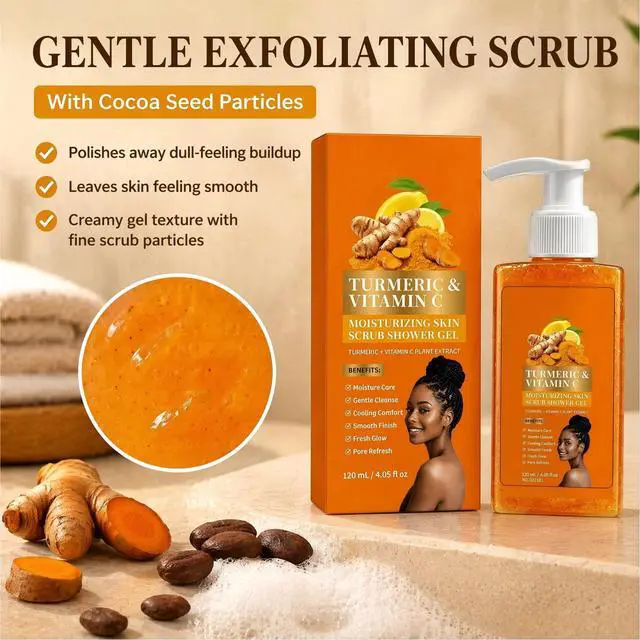 Alt view image 3 of 7 - Turmeric Vitamin C Orange Exfoliating Shower Gel with Cocoa Seed Scrub Particles, Mattifying Skin Brightening Body Wash to Fix Uneven Skin Texture, Gentle Daily Body Only Cleanser (1PC)