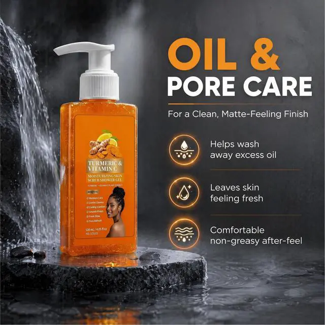Alt view image 4 of 7 - Turmeric Vitamin C Orange Exfoliating Shower Gel with Cocoa Seed Scrub Particles, Mattifying Skin Brightening Body Wash to Fix Uneven Skin Texture, Gentle Daily Body Only Cleanser (1PC)
